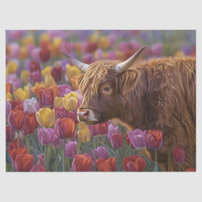 Highland Cow Spring Tulips Decoupage Tissue Paper (Front)