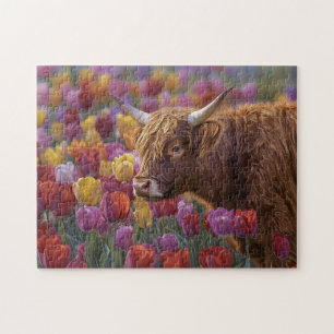 Highland Cow Spring Tulips Jigsaw Puzzle