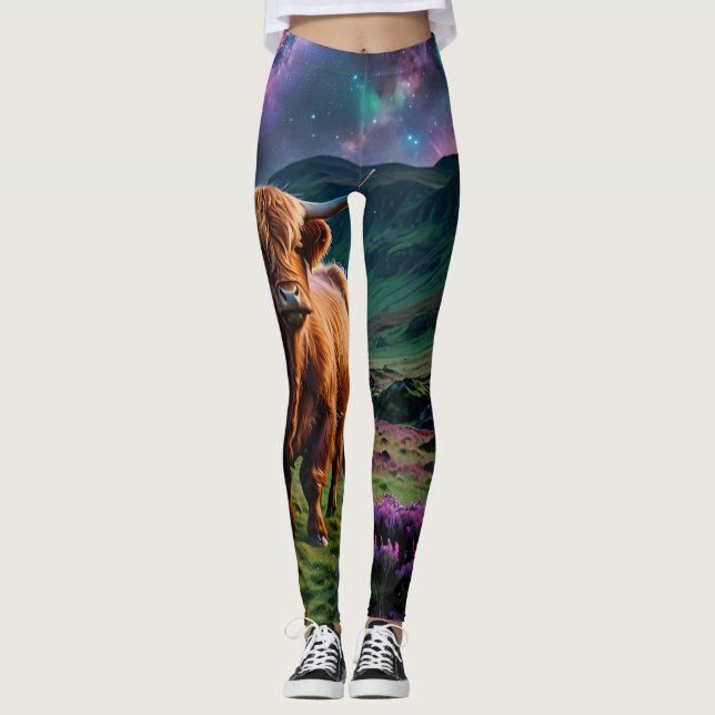 Highland Cow standing under stars in Heather Leggings (Front)