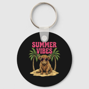 Highland Cow Summer Vibes Sungles Beach Trocal Keychain