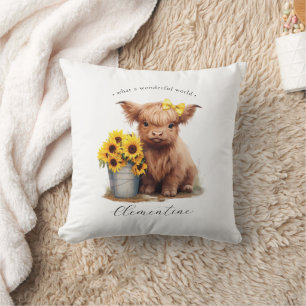 Highland Cow Sunflower Bucket Throw Pillow