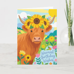 Highland Cow Sunflower Crown Illustration Birthday Card
