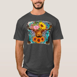 Highland Cow Sunflower Western Leopard T-Shirt