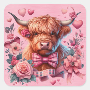 Highland Cow Surrounded By Pretty Flowers Square Sticker