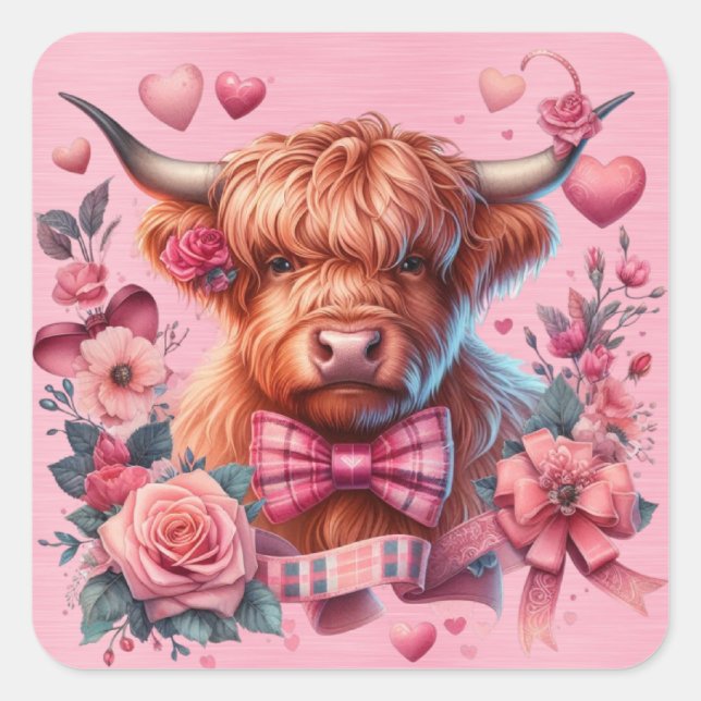 Highland Cow Surrounded By Pretty Flowers Square Sticker (Front)