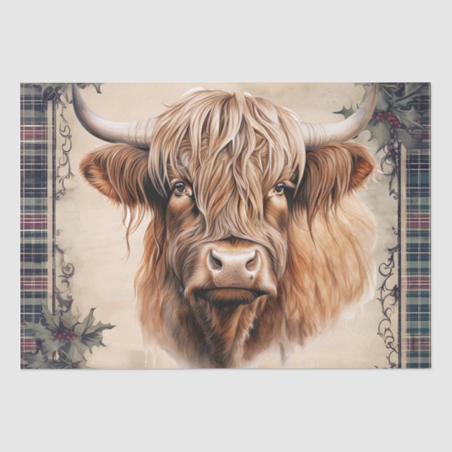 Highland Cow Tartan Clan Watercolor Tissue Paper (Front)