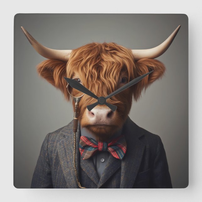 Highland Cow Tartan Jacket Square Wall Clock | Fun (Front)