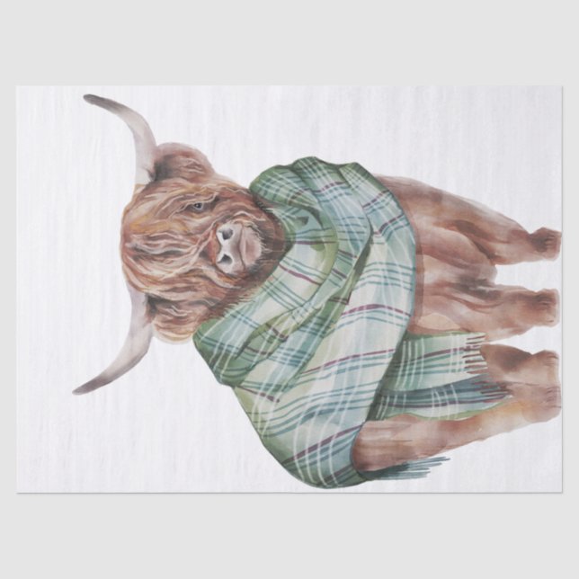 Highland Cow Tartan Scalf Watercolor Tissue Paper (Front)