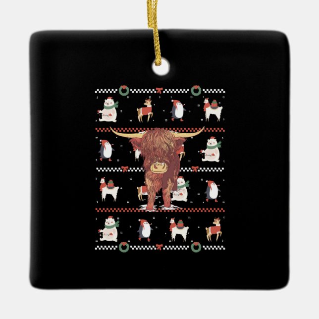 Highland Cow Ugly Christmas Ceramic Ornament (Front)