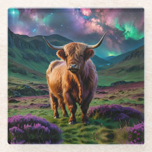 Highland Cow Under The Stars Glass Coaster