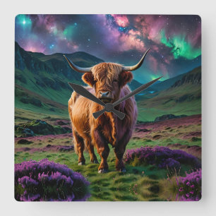 Highland Cow Under The Stars Square Wall Clock