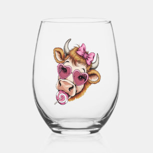 Highland Cow Valentine Coquette Valentine's Day  Stemless Wine Glass