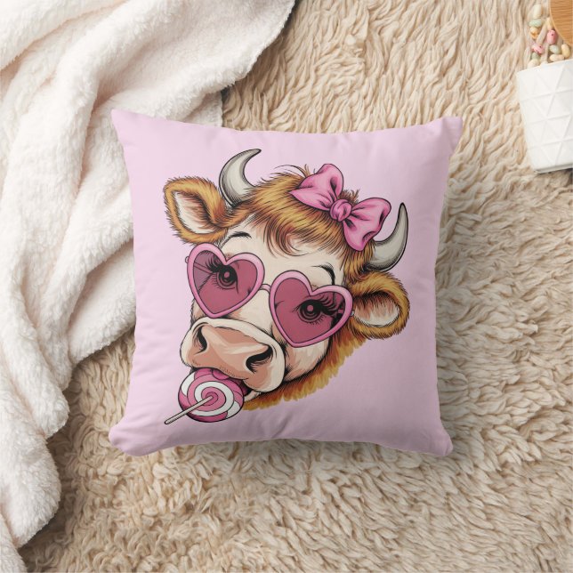 Highland Cow Valentine Coquette Valentine's Day  Throw Pillow (Blanket)