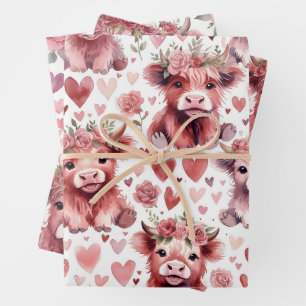 Highland Cow Valentine Pink Floral Watercolor Wrapping Paper Sheet