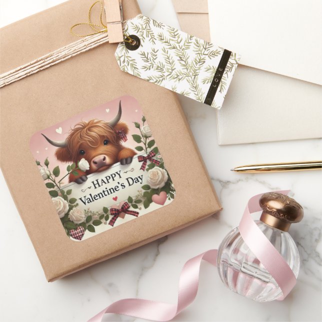 Highland Cow Valentine With White Roses Square Sticker (Gifting)