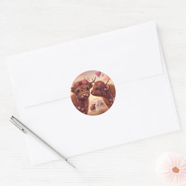 Highland Cow Valentines  Classic Round Sticker (Envelope)