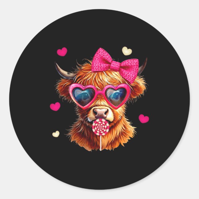 Highland Cow Valentines Day Funny Hearts Valentine Classic Round Sticker (Front)