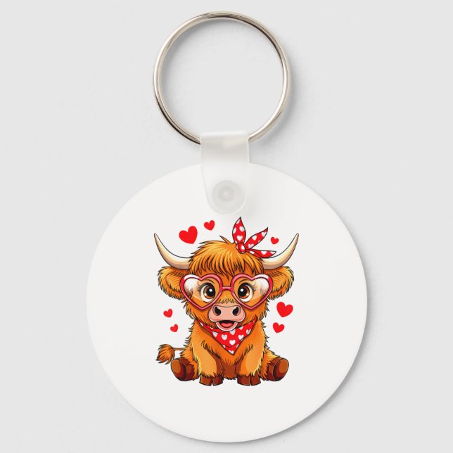 Highland Cow Valentines Day Funny Hearts Valentine Keychain (Front)