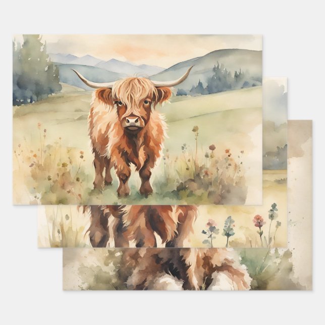 Highland Cow Vintage Decoupage  Wrapping Paper Sheet (Set)
