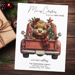 Highland Cow Vintage Red Truck Christmas Moving Postcard