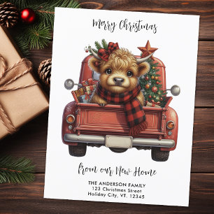 Highland Cow Vintage Red Truck Merry Christmas Postcard