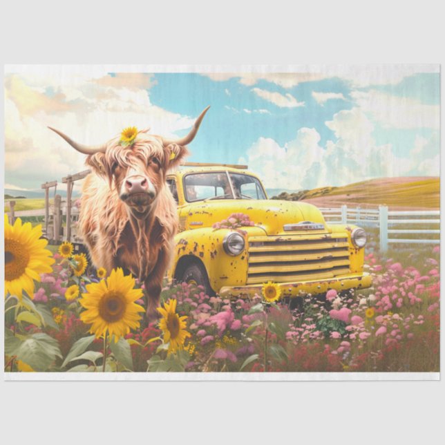 Highland Cow Vintage Truck Sunflowers Decoupage Tissue Paper (Front)