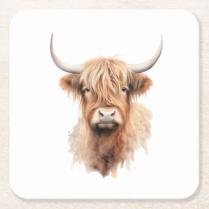 Highland cow watecolor ranch funny square paper coaster