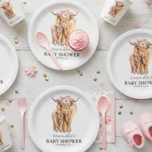 Highland Cow Watercolor Baby Shower Calf  Paper Plate