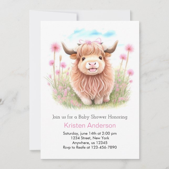 Highland Cow Watercolor Dreams Girl Baby Shower Invitation (Front)