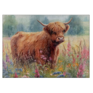 Highland Cow Watercolor Wildflower Field Cutting Board