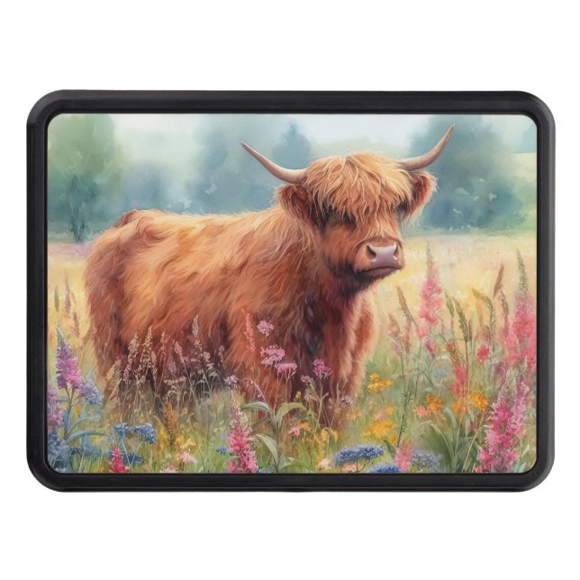 Highland Cow Watercolor Wildflower Field Trailer Hitch Cover (Front)