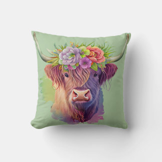 Highland Cow watercolor with flowers Throw Pillow