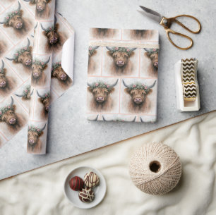 Highland Cow Wearing a Bridal Floral Crown Wrapping Paper