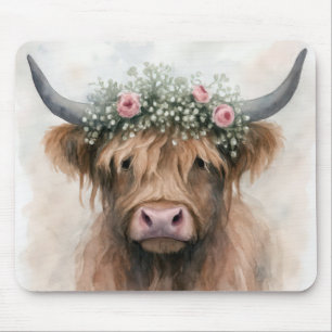 Highland Cow Wearing a Floral Wedding Crown Mouse Pad