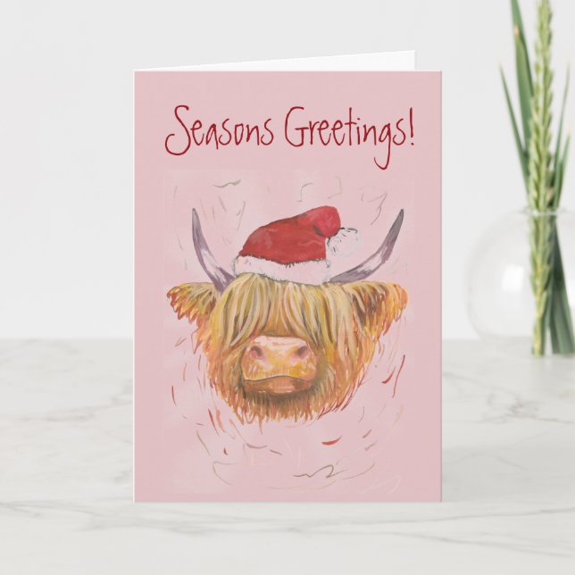highland cow  wearing Christmas hat pastel pink Holiday Card (Front)