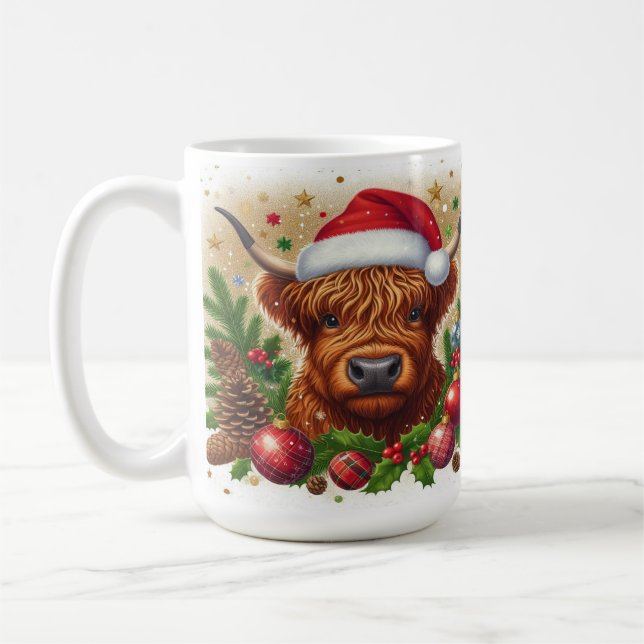  Highland Cow Wearing Santa Hat Christmas Coffee Mug (Left)