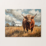 Highland Cow White Barn Rustic Jigsaw Puzzle<br><div class="desc">A highland cow in front of a white barn,  blending pastoral charm with country elegance.</div>