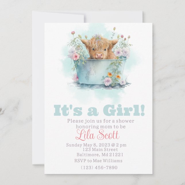 highland cow wildflower baby shower  invitation (Front)