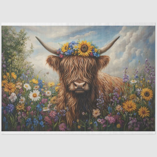 Highland Cow Wildflower Flower Crown Decoupage Tissue Paper (Front)