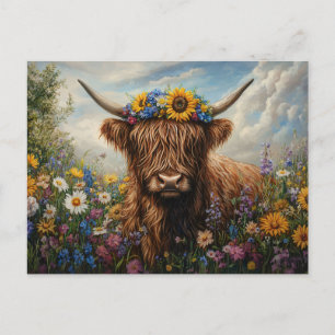 Highland Cow Wildflower Flower Crown Postcard