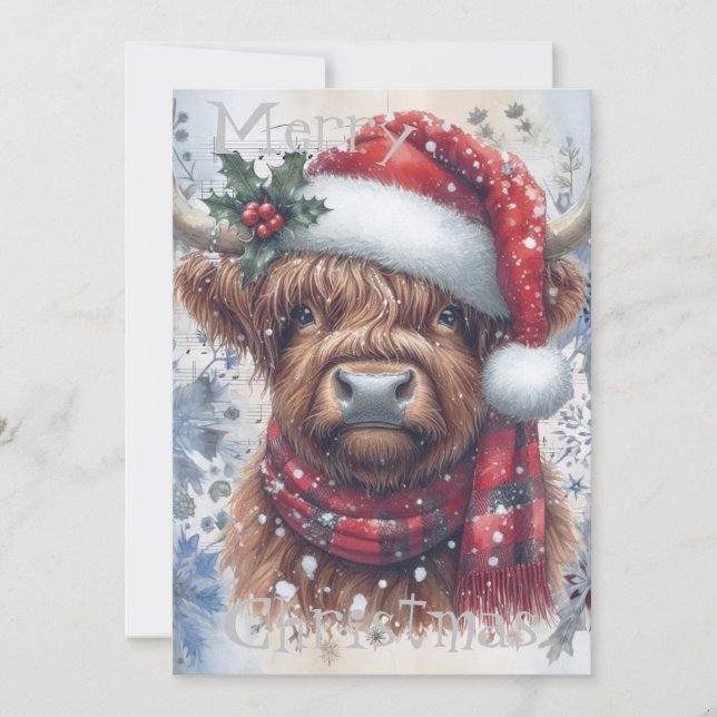 Highland Cow Winter Christmas Watercolor Holiday Card (Front)