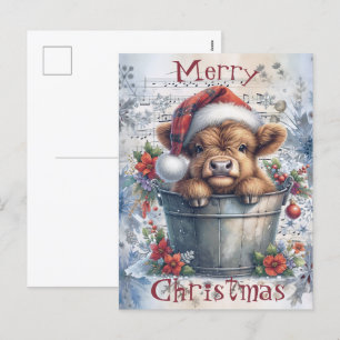 Highland Cow Winter Christmas Watercolor Holiday Postcard