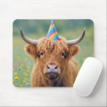 Highland Cow with Birthday Party Hat Mouse Pad<br><div class="desc">A Highland cow stands in a field of colorful wildflowers,  wearing a birthday party hat</div>