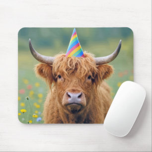 Highland Cow with Birthday Party Hat Mouse Pad