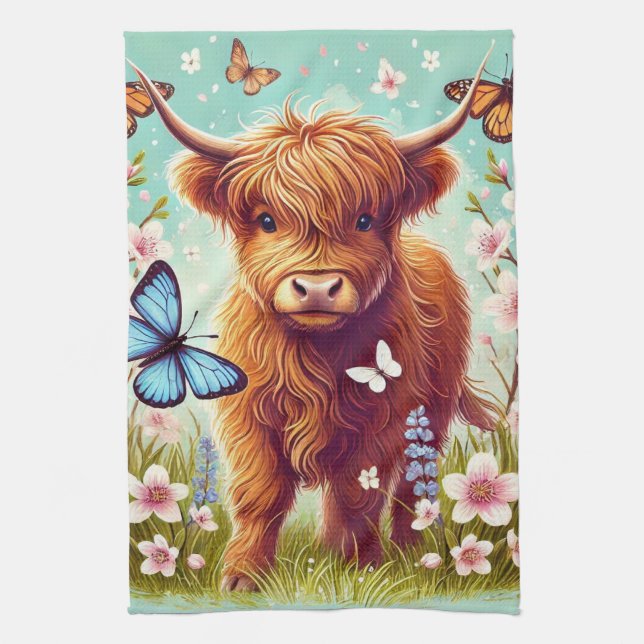 Highland Cow with Butterflies and Spring Flowers Kitchen Towel (Vertical)