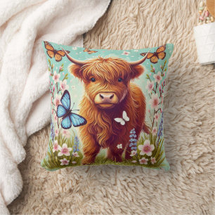Highland Cow with Butterflies and Spring Flowers Throw Pillow
