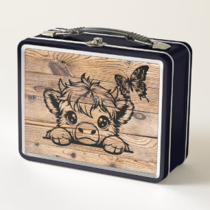 Highland Cow with Butterfly Black/Faux Woodgrain Metal Lunch Box