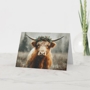 Highland Cow With Christmas Wreath Crown Card