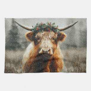 Highland Cow With Christmas Wreath Crown Kitchen Towel