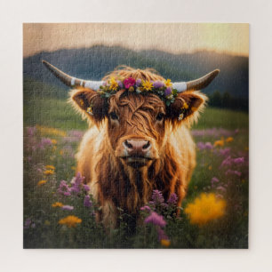 Highland Cow With Colorful Flower Crown Jigsaw Puzzle